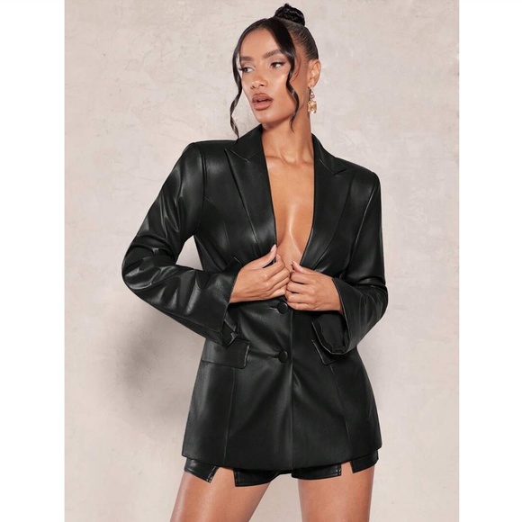 Black Faux Leather Jacket Blazer PU Leather - Picture 12 of 13